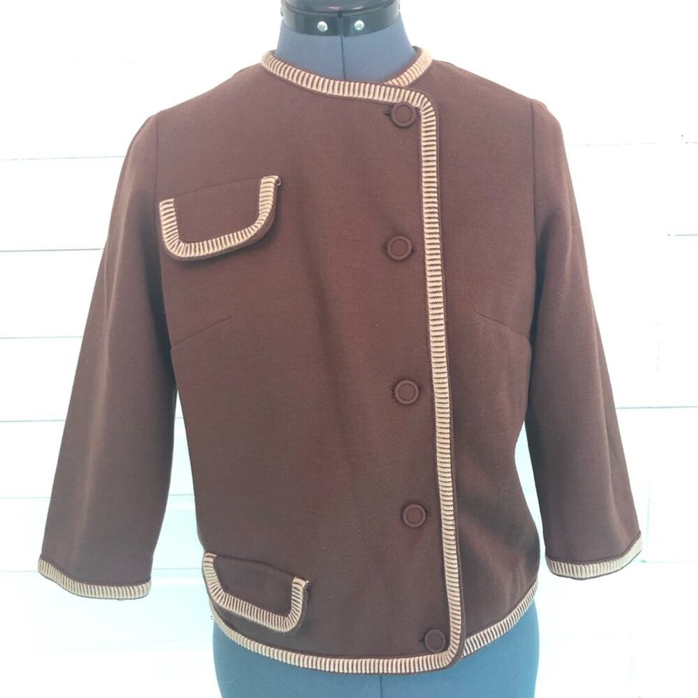 Vintage 60s Cropped Jacket Blazer Chocolate Brown Cream Buttons 3/4 Sleeves Cute